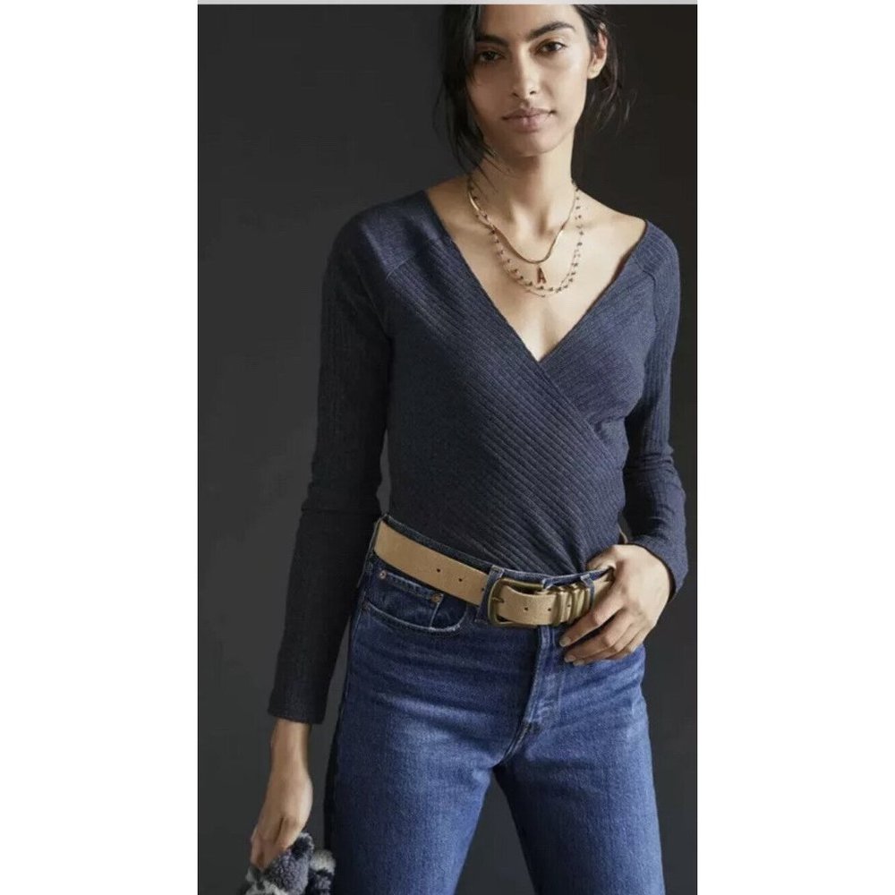 Anthropologie Maeve Dark Gray Ribbed Knit V Neck Top Size XL New NWT RARE HTF